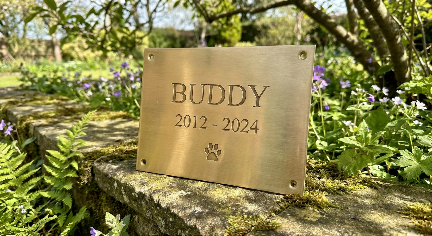 The Forever Paw brass pet memorial plaque with engraved name and paw print, sitting in a garden setting