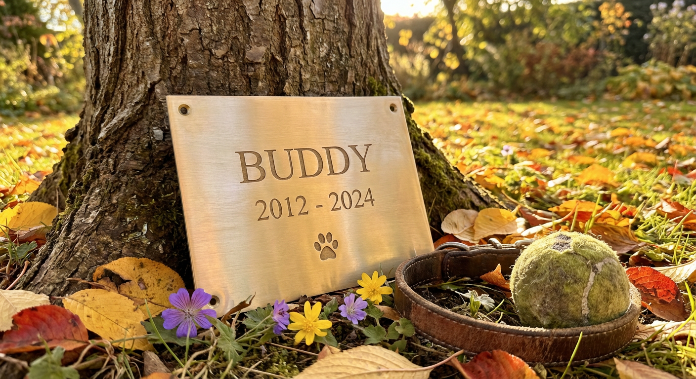 The Forever Paw brass memorial plaque leaning against a tree in a garden with autumn leaves, a dog collar and tennis ball nearby
