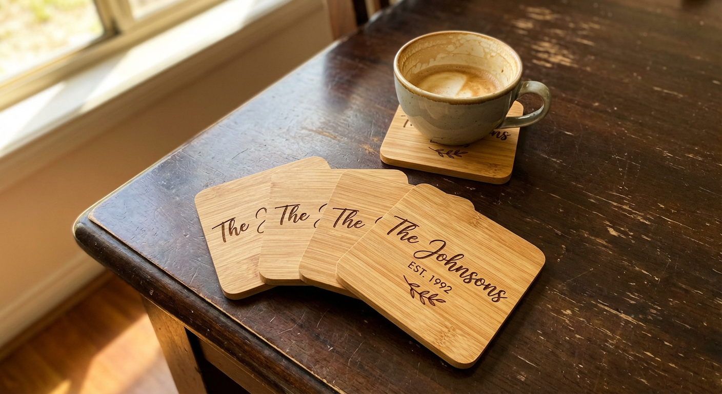 The Homestead personalised bamboo coaster set with engraved family name Main image