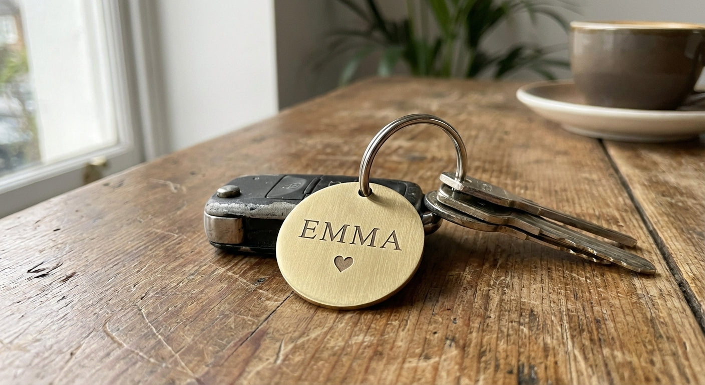 The Keepsake personalised brass round keyring with engraved name Main image
