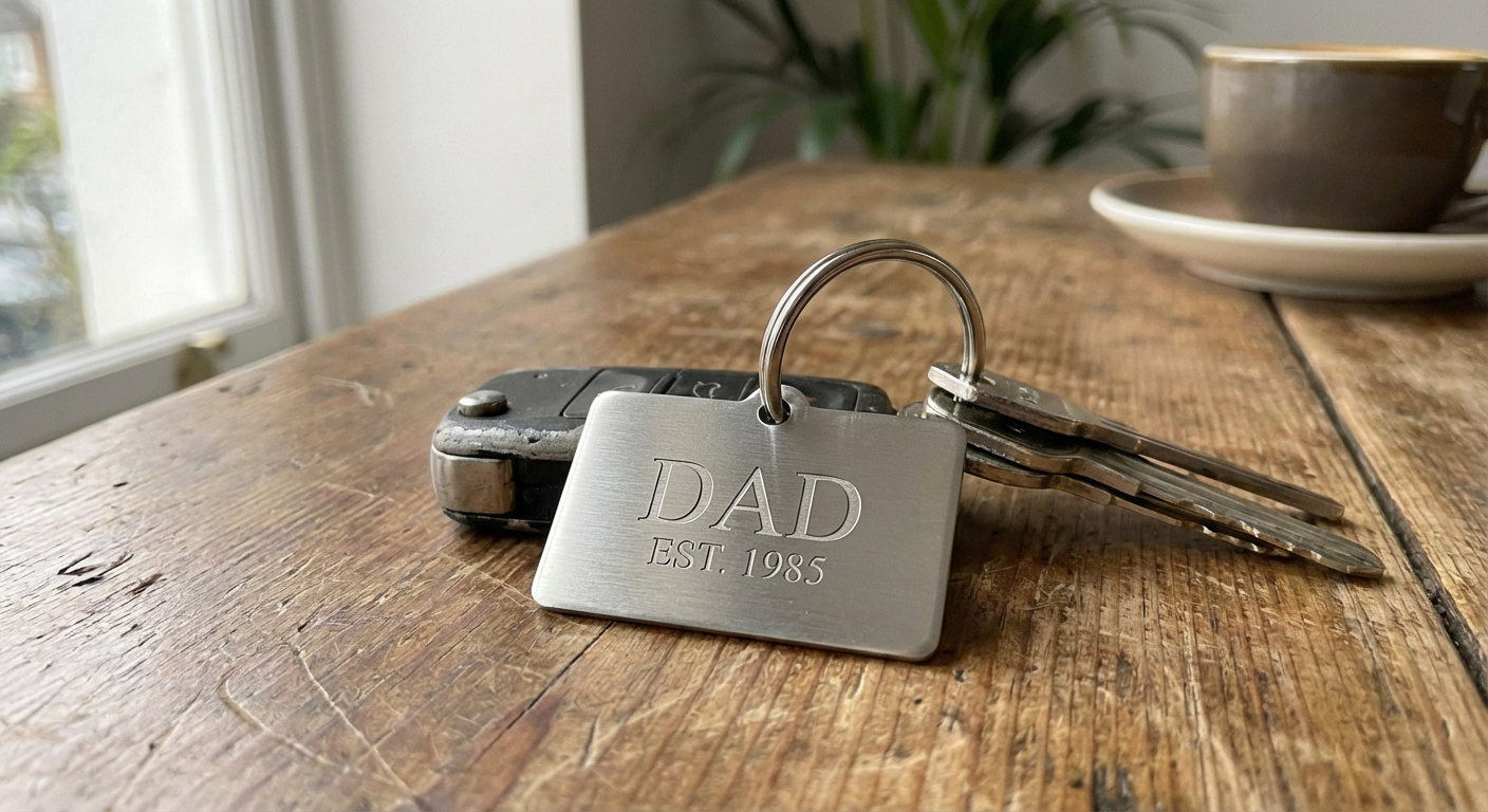 The Keepsake personalised stainless steel rectangle keyring with engraved text