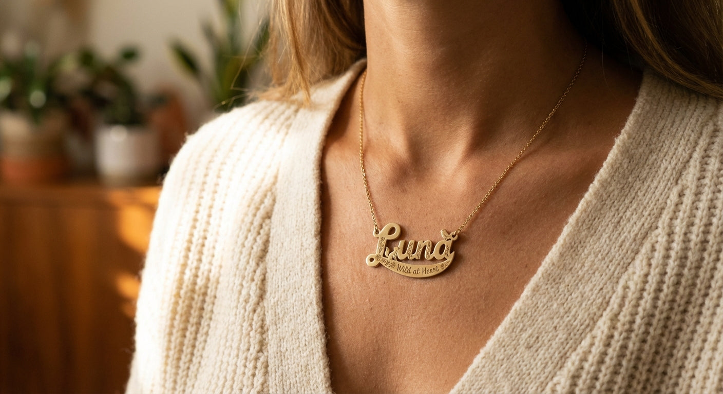 Personalised Wildflower Name Necklace - worn lifestyle shot