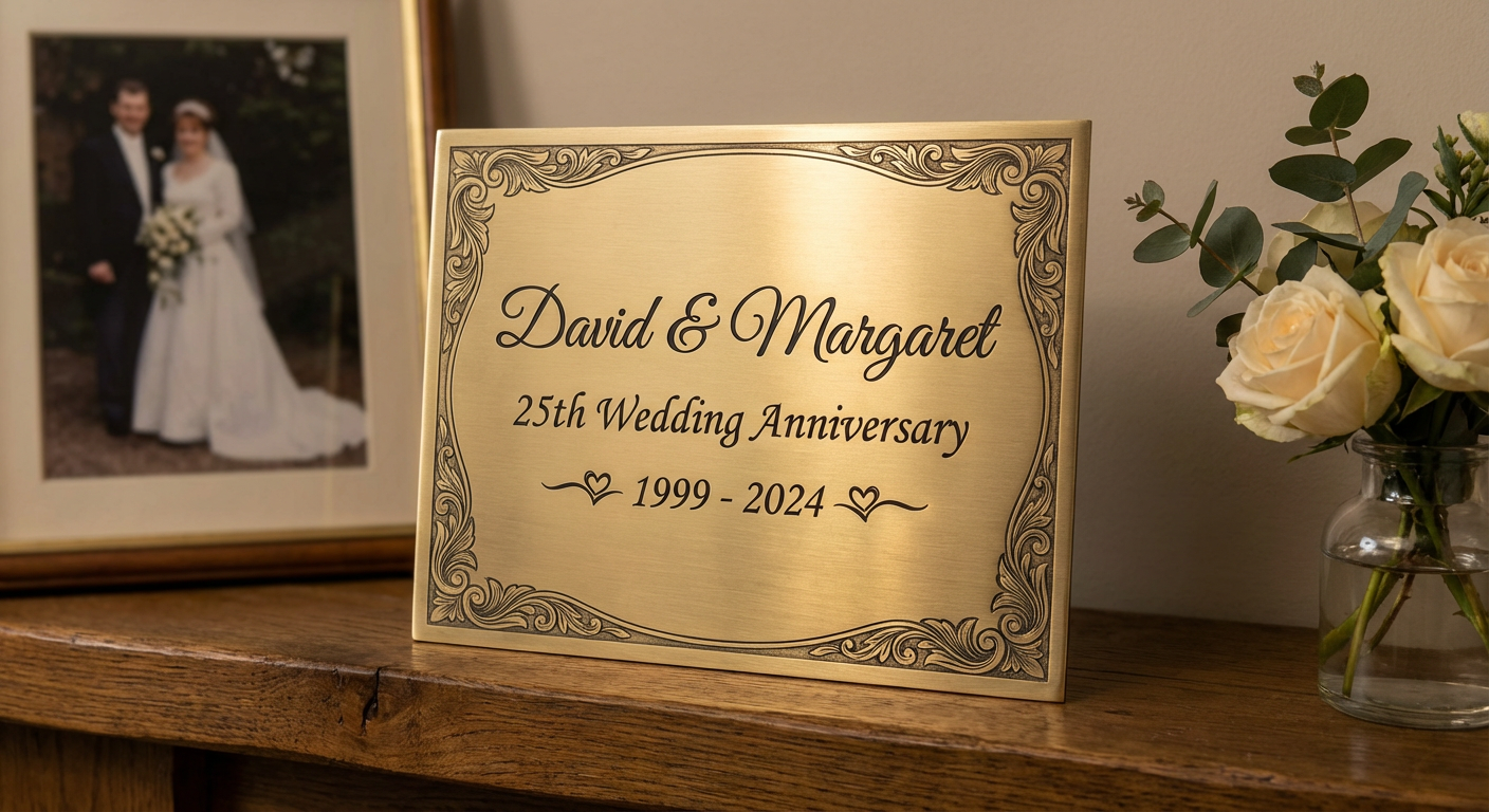 The Milestone brass anniversary plaque with engraved names and date on mantelpiece Main image