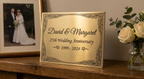 The Milestone brass anniversary plaque with engraved names and date on mantelpiece