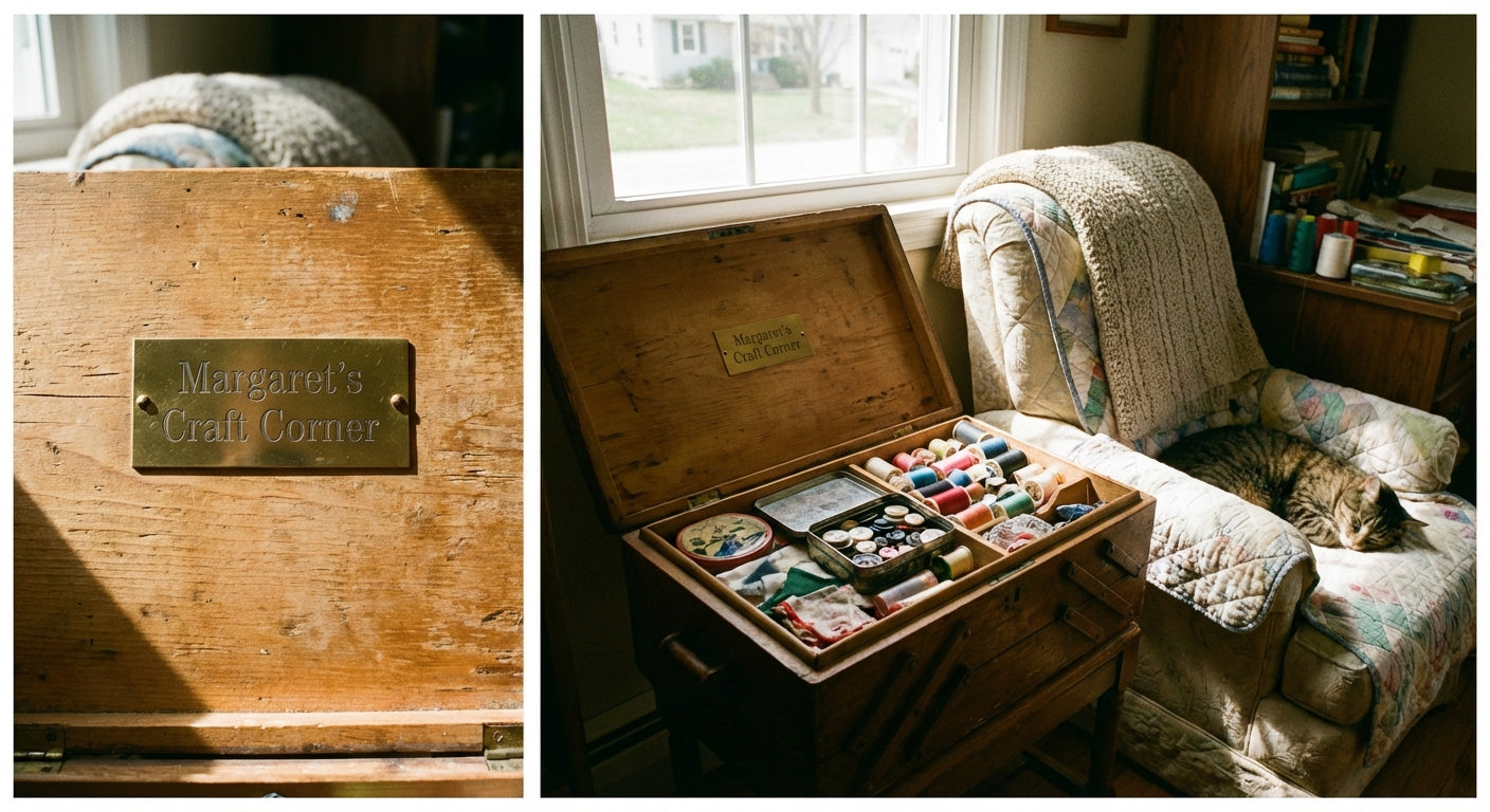 The "Stitch in Time" Personalised Craft Box Plaque - lifestyle shot